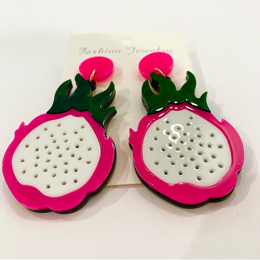 Fruit earrings hot pink Dragonfruit large acrylic dangles summer fruity jewelry